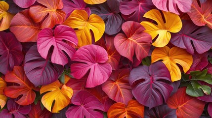 Fototapeta premium Vibrant Tropical Leaves: A Colorful Floral Background Texture of Pink, Red, Orange, and Purple Foliage