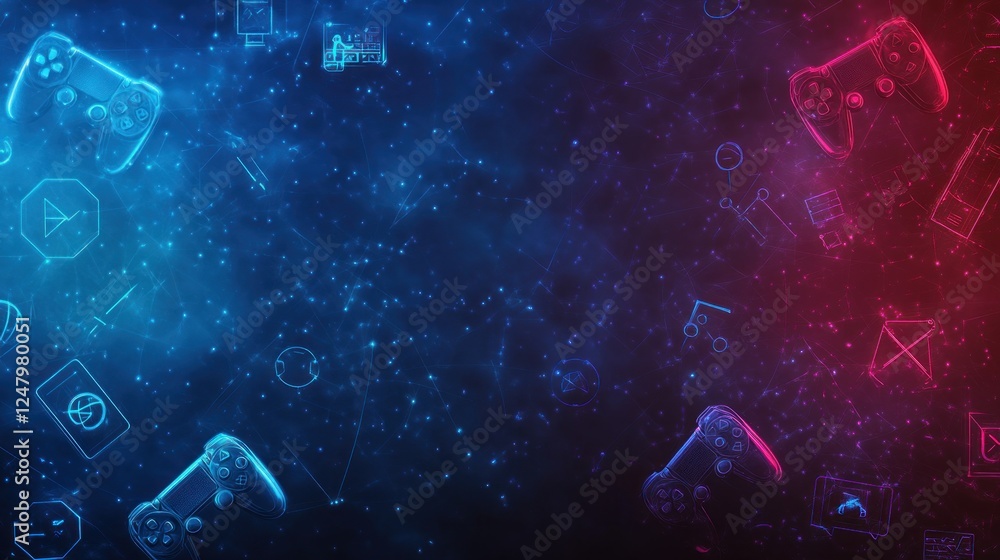Poster abstract gaming background with controllers and icons in blue and red neon light.