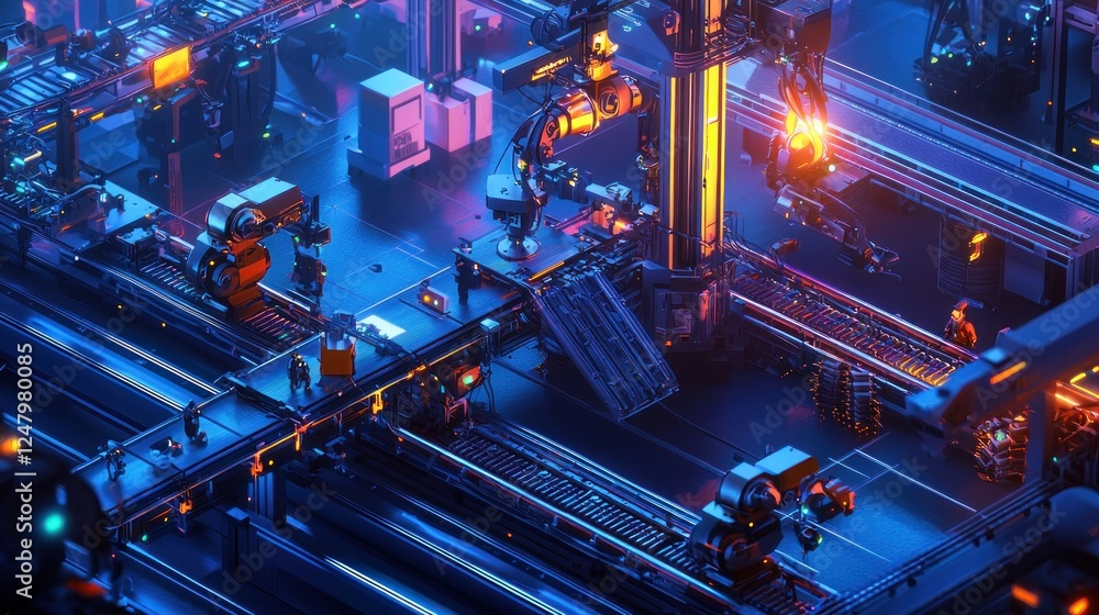 Poster futuristic factory: automated production line in a cyberpunk setting