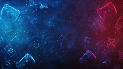Abstract gaming background with controllers and icons in blue and red neon light.