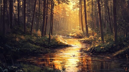 Fototapeta premium Golden Hour Forest Stream: A Serene Digital Painting