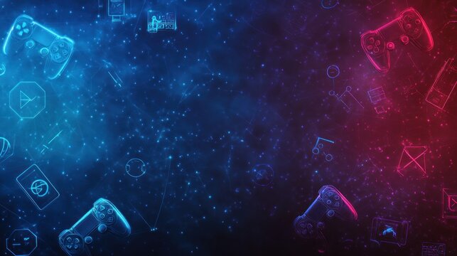 Abstract gaming background with controllers and icons in blue and red neon light.