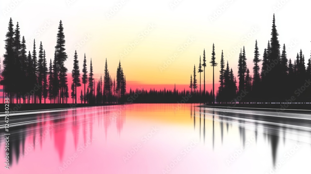 Poster Tranquil lake reflects the colorful sunset surrounded by silhouetted trees creating a serene nature scene Ideal for relaxation