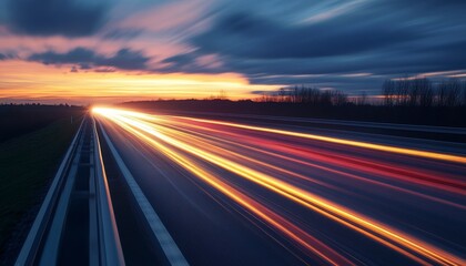 Obraz premium Vibrant Sunset Over Highway with Light Trails and Dramatic Clouds