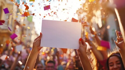 Blank sign held high amidst celebratory confetti and cheering crowd.