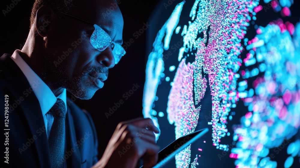 Poster business professional analyzing data visualization on interactive digital screen at night in modern 