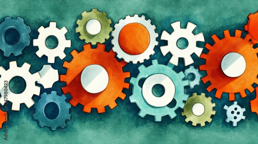 Poster interlocking colorful gears mechanism teamwork collaboration design abstract background