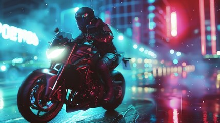 3d illustration Motorcycle rider cyberpunk synthwave in the night city neon background. Generated AI