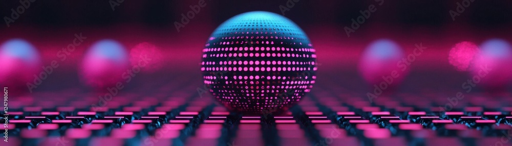 Poster dynamic 3d sphere display digital space abstract visualization neon environment close-up view tech c