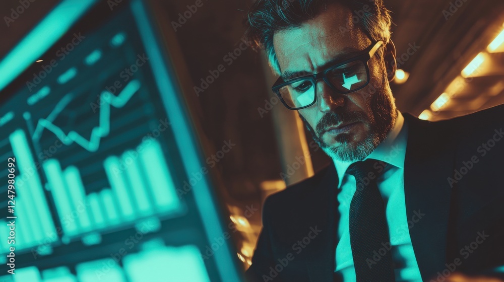 Poster professional businessman analyzing financial data on digital tablet with graphs and charts in dimly 