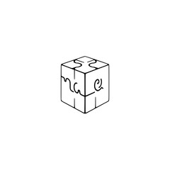 Geometric cube with stylized puzzle pieces in a white space, depicting a modern abstract minimalist illustration.