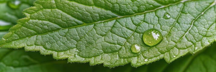 Fototapeta premium Close-up of a green leaf with water droplets.