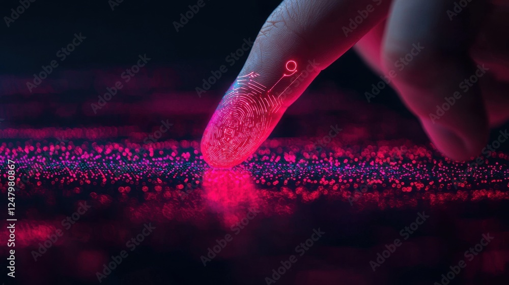 Poster fingerprint scanning technology digital environment illustration cybernetic workspace close-up view 
