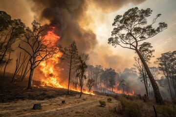 Fototapeta premium Raging Wildfire in a Forest – Intense Flames and Thick Smoke