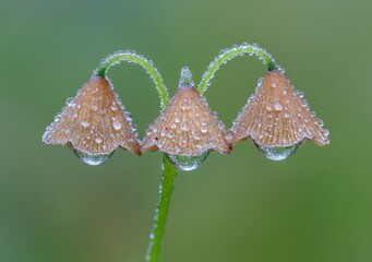 Three dew-covered bell-shaped flowers on a single stem against a blurred green background.