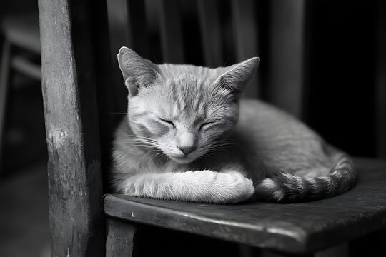 Sleeping tabby cat on wooden chair; interior