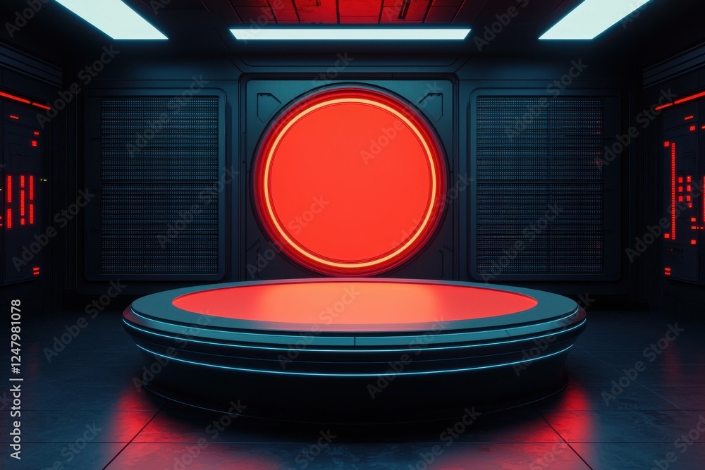 Poster Futuristic red circular stage sci-fi setting 3d render digital environment wide angle virtual reality concept