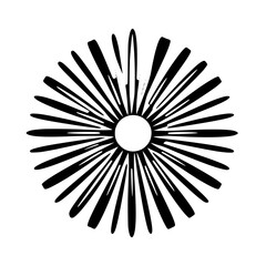 Obraz premium Black and white abstract composition featuring a sun-like pattern with radial rays radiating from a central point.