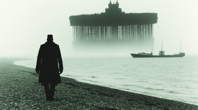 Mysterious figure walking on a foggy beach with strange structures and ships in the distance creating an eerie and surreal atmosphere