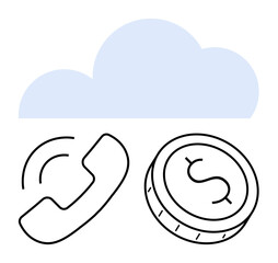 Cloud with a phone handset and a coin marked with a dollar sign. Ideal for cloud services, digital finance, online transactions, telecommunications, cloud computing, business solutions, virtual