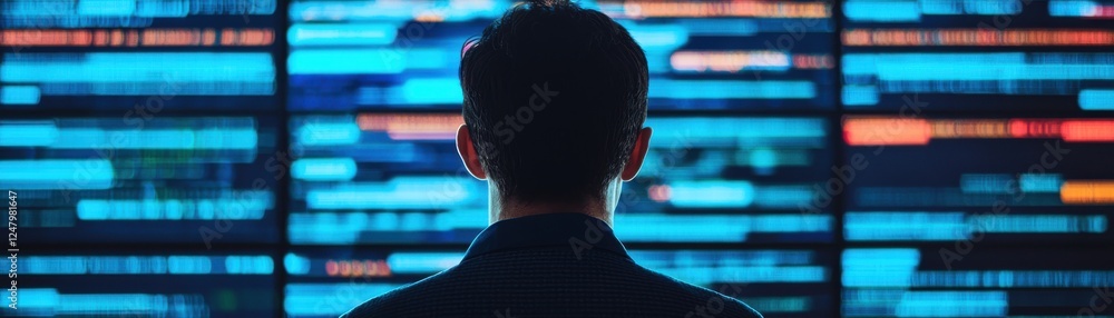 Poster data analysis session virtual workspace digital content tech environment rear view insights generati