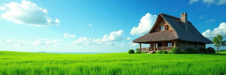 Obraz premium Thatched roof house, emerald field, azure sky backdrop, peaceful, visual, landscape