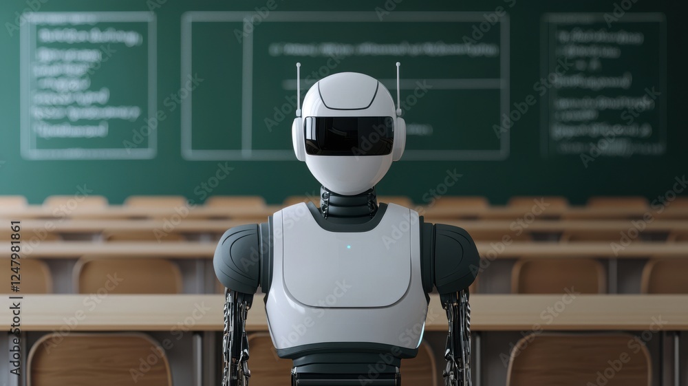 Poster ai robot teaching students in classroom educational setting digital learning environment futuristic 