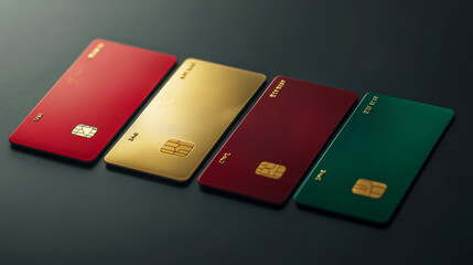 Best credit card banner. Vector landing page of personal banking service with realistic illustration of 3d gold, red and green blank bank cards with electronic chip