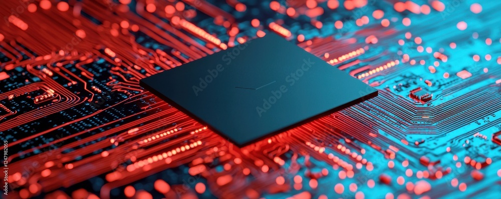 Aufkleber innovative technology action digital circuitry scene computer chip red and blue environment close-up