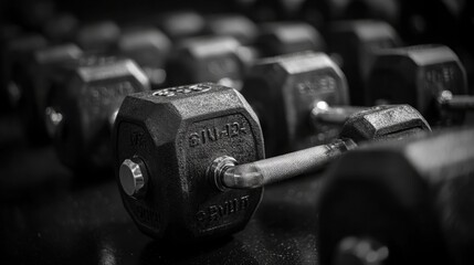 Fitness Gym Close up of Heavy Hex Dumbbells Weight Training Equipment