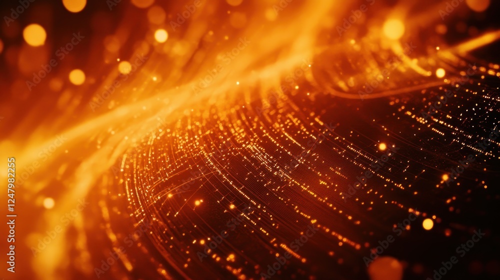 Poster abstract fiery orange and dark background with glowing particles and lines.