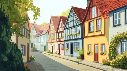Obraz premium Medieval german street with half-timbered houses in white fog. Traditional european buildings in old town or village at misty weather. Vector cartoon summer landscape with fachwerk cottages and mist
