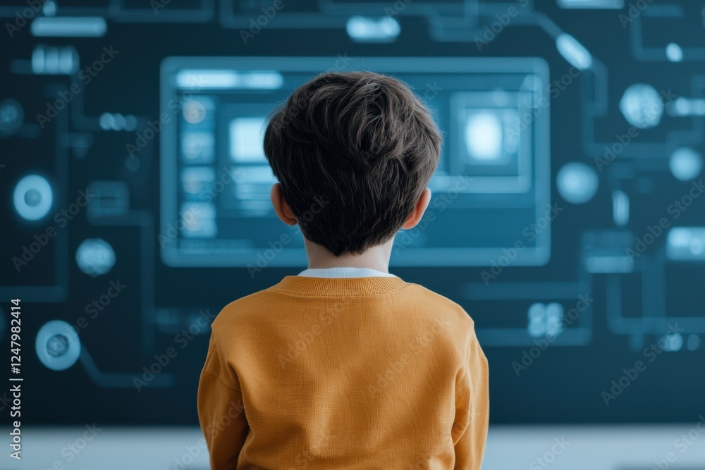Poster child engaged with interactive technology display classroom digital learning modern environment rear