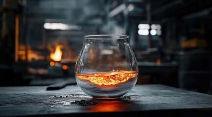 This striking image captures a glass vessel filled with a glowing, fiery liquid, illuminated against a soft, darkened background, evoking a sense of warmth and allure.