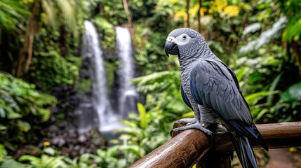 Obraz premium Grey parrot perched on a wooden railing with a waterfall backdrop in a lush tropical rainforest.