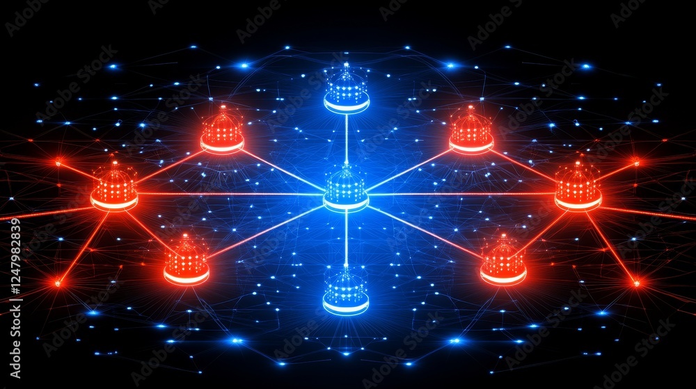Poster abstract digital network connection futuristic technology background red blue glowing lines nodes