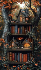Obraz premium Enchanted Treehouse Library with Colorful Books and Autumn Leaves