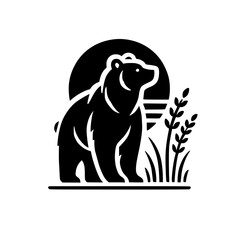 Stylized Silhouette of a Bear with Sunset, Grass, and Vegetation
