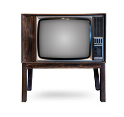 Old vintage Classic retro old Tv technology with wood case television stand isolated on white background.