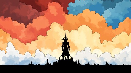 Silhouette of a figure with spiky hair stands atop spiky terrain against a backdrop of colorful cartoon-style clouds and sky