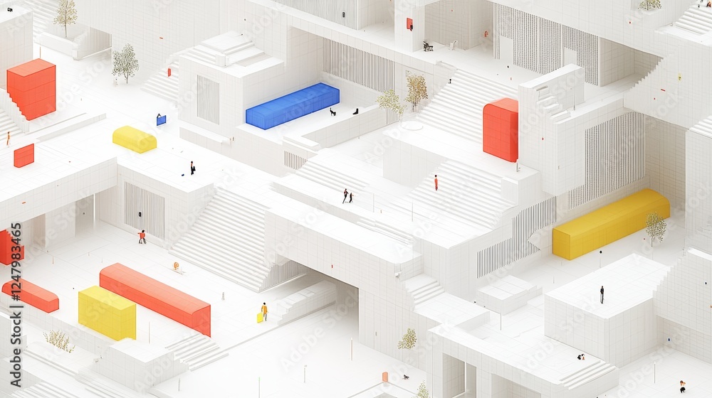 Poster abstract white architectural model with colorful blocks futuristic cityscape design minimalist 3d re