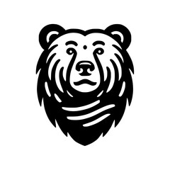Minimalist illustration of a stylized bear head, with a white background, black bold lines, and a serious, serene expression.
