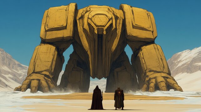 Two figures stand before a colossal stone structure dwarfed by its immense scale in a vast desert landscape under a clear sky