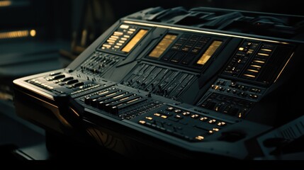 Futuristic control panel with illuminated buttons and screens in dark setting.