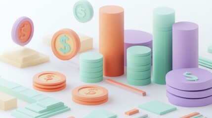Abstract pastel 3D illustration of financial growth, depicting currency coins and bar charts.