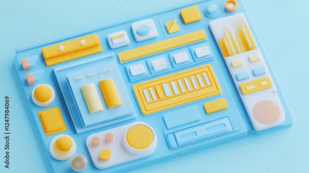 Poster abstract 3d render of pastel blue and yellow geometric shapes forming a user interface.