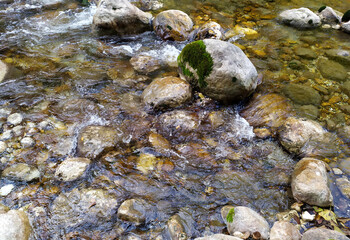 sunny day, nature park, walk along the river canyon with an overview of the bottom structure