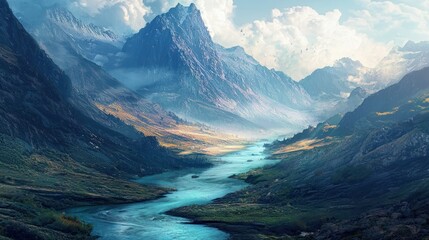 Obraz premium Serene Mountain River Landscape: A Breathtaking Vista