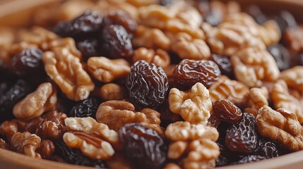 Close-up of walnuts and raisins in a bowl.