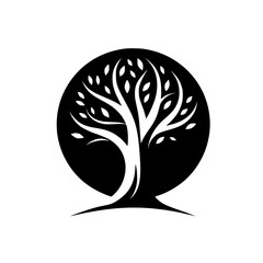 Black and white minimalist, stylized, graphic tree in a round shape on a white background.